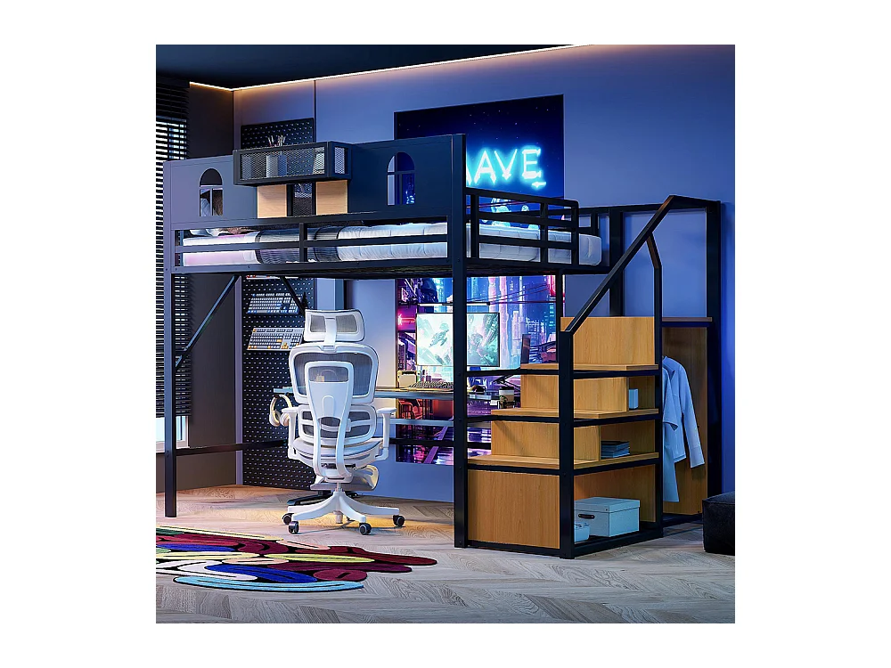 Lit mezzanine en métal 140x200 cm avec échelle rangement fenêtre panneaux bois tissu maillé barrière surélevée surface rangement cadre stable noir