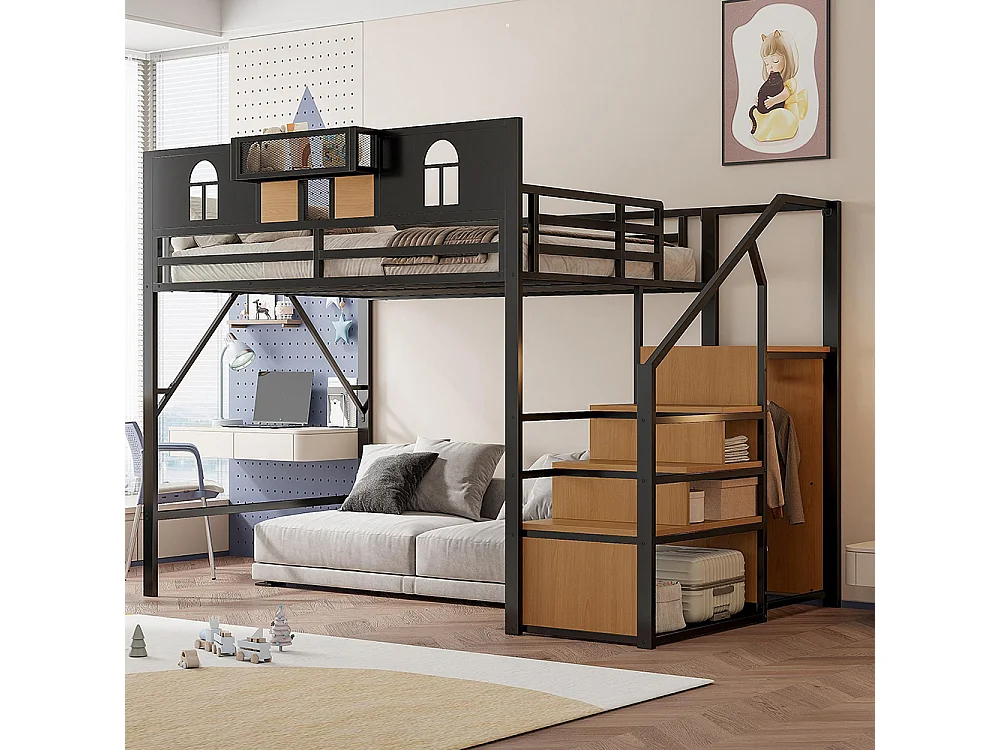 Lit mezzanine en métal 140x200 cm avec échelle rangement fenêtre panneaux bois tissu maillé barrière surélevée surface rangement cadre stable noir