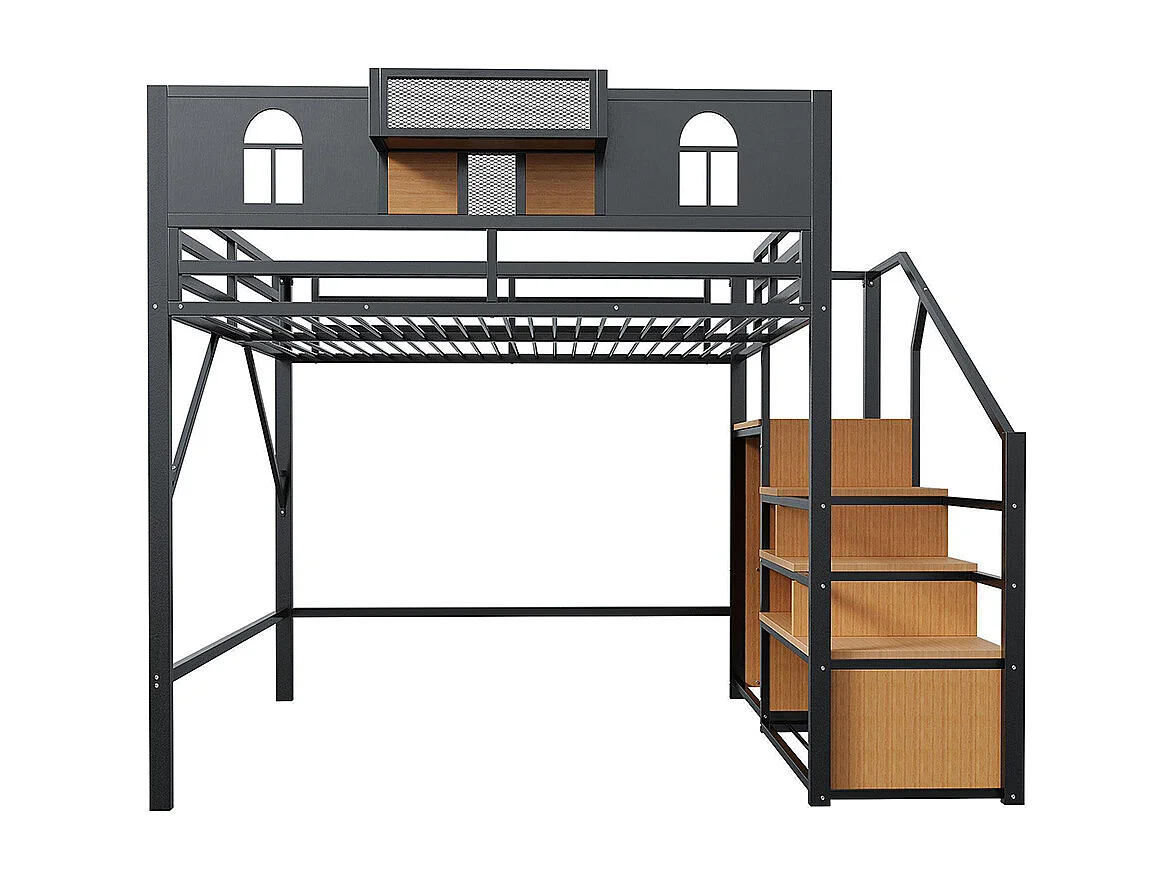 Lit mezzanine en métal 140x200 cm avec échelle rangement fenêtre panneaux bois tissu maillé barrière surélevée surface rangement cadre stable noir