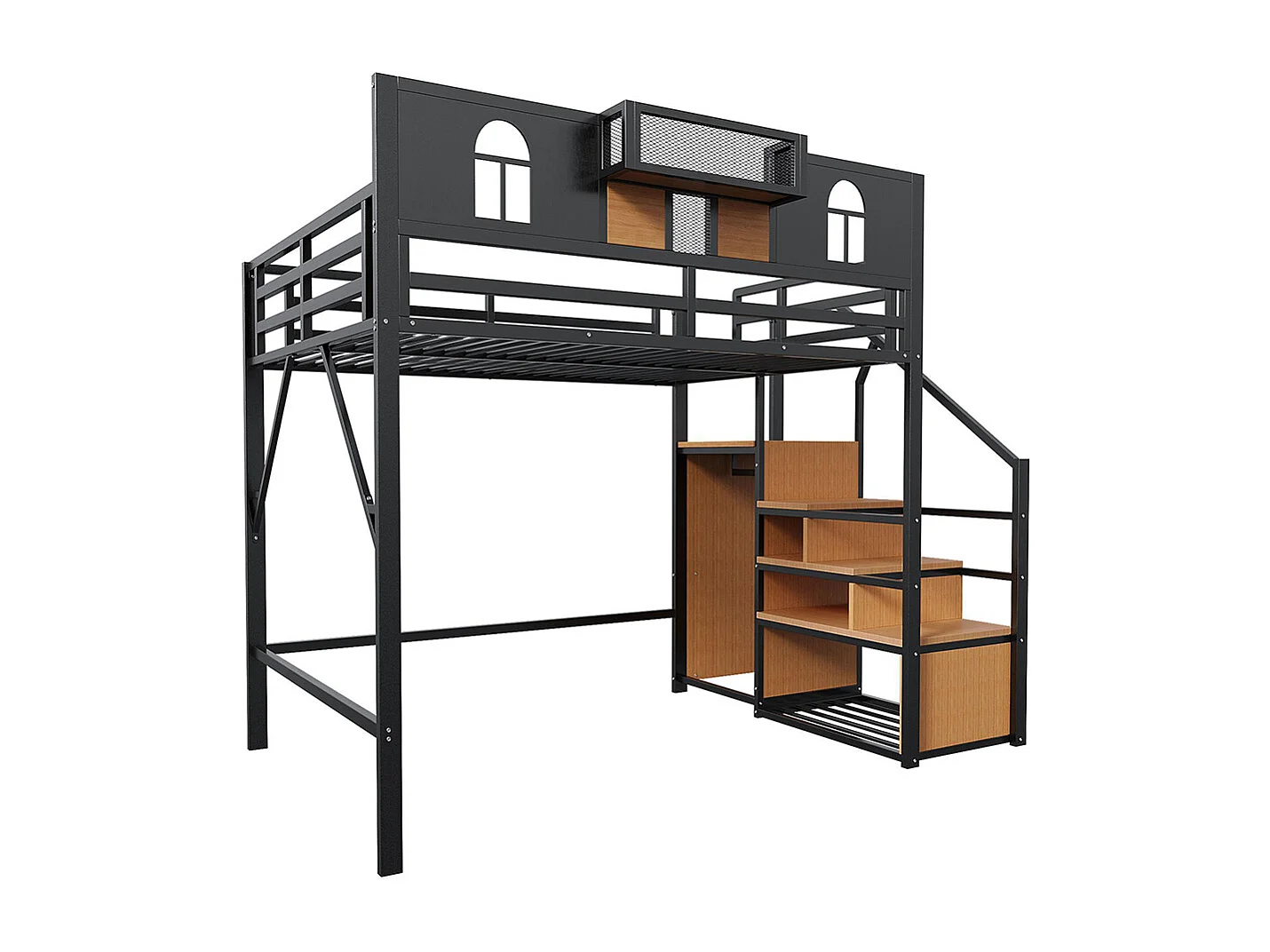 Lit mezzanine en métal 140x200 cm avec échelle rangement fenêtre panneaux bois tissu maillé barrière surélevée surface rangement cadre stable noir