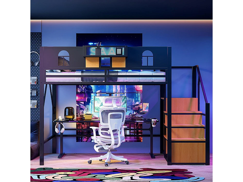 Lit mezzanine en métal 140x200 cm avec échelle rangement fenêtre panneaux bois tissu maillé barrière surélevée surface rangement cadre stable noir