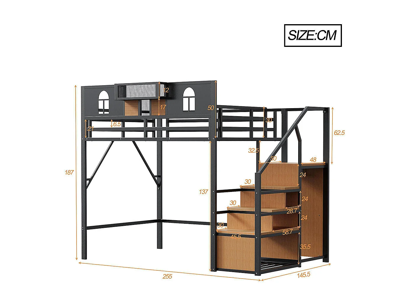 Lit mezzanine en métal 140x200 cm avec échelle rangement fenêtre panneaux bois tissu maillé barrière surélevée surface rangement cadre stable noir