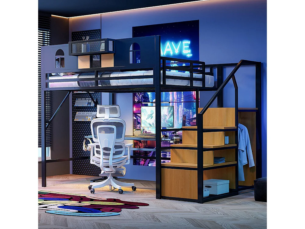 Lit mezzanine en métal 140x200 cm avec échelle rangement fenêtre panneaux bois tissu maillé barrière surélevée surface rangement cadre stable noir