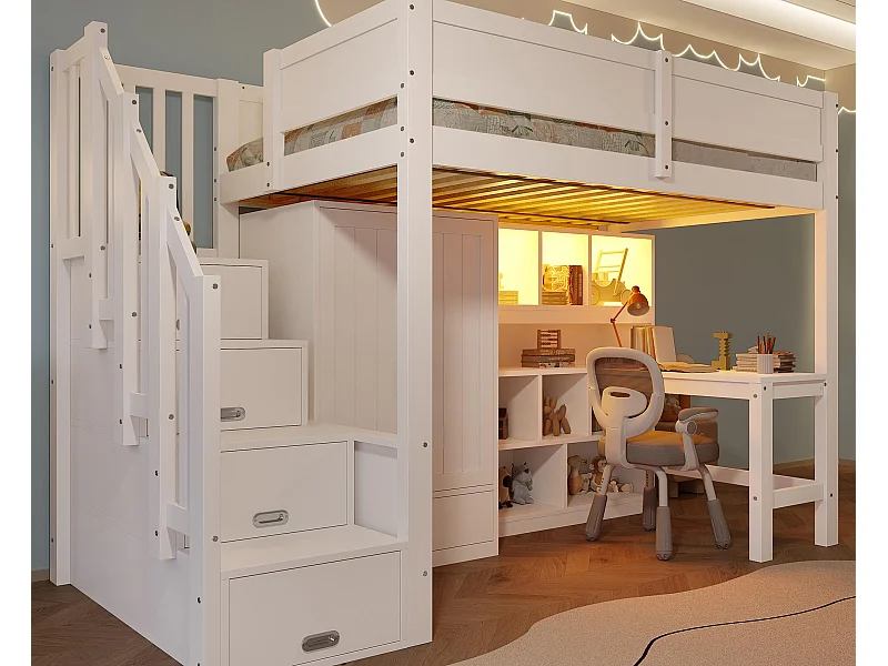 Lit mezzanine 90x200 cm - avec bureau et armoire - avec éclairage LED - avec escalier de rangement - MDF - Blanc