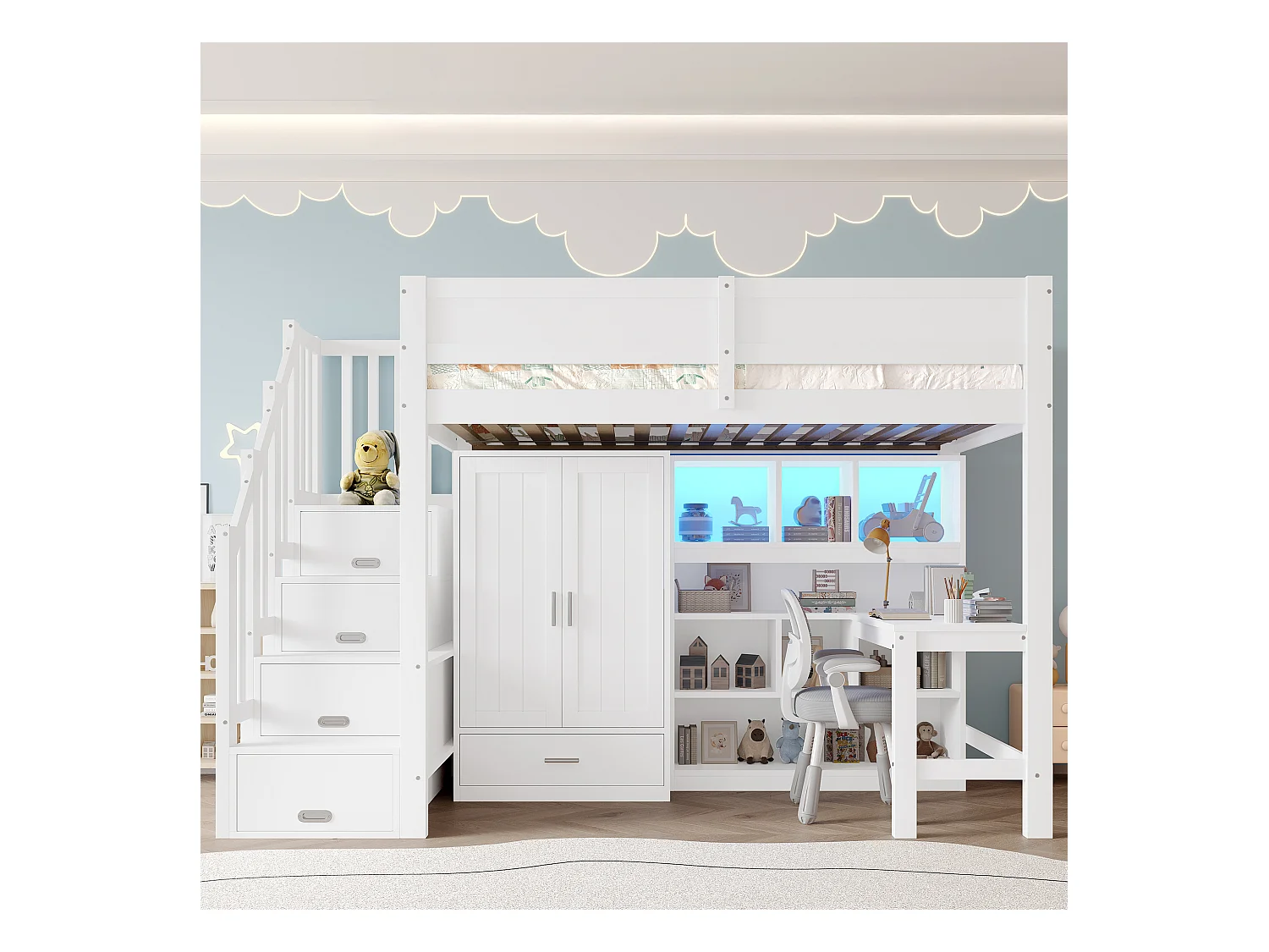 Lit mezzanine 90x200 cm - avec bureau et armoire - avec éclairage LED - avec escalier de rangement - MDF - Blanc