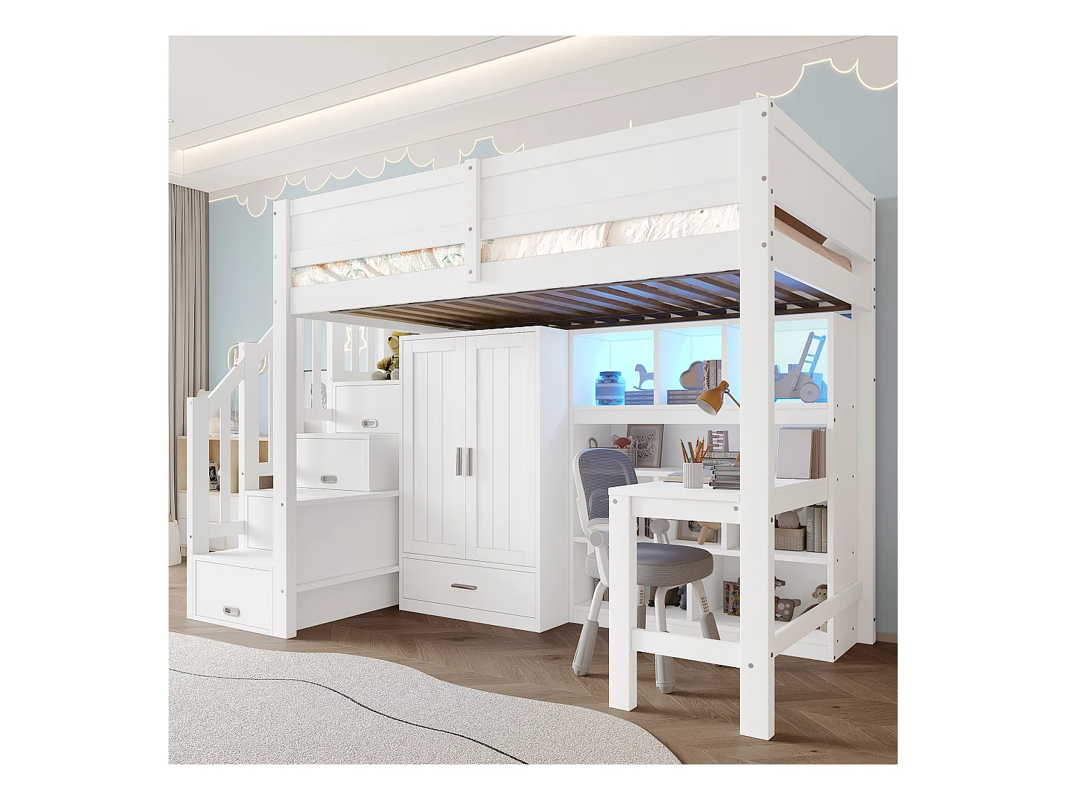 Lit mezzanine 90x200 cm - avec bureau et armoire - avec éclairage LED - avec escalier de rangement - MDF - Blanc