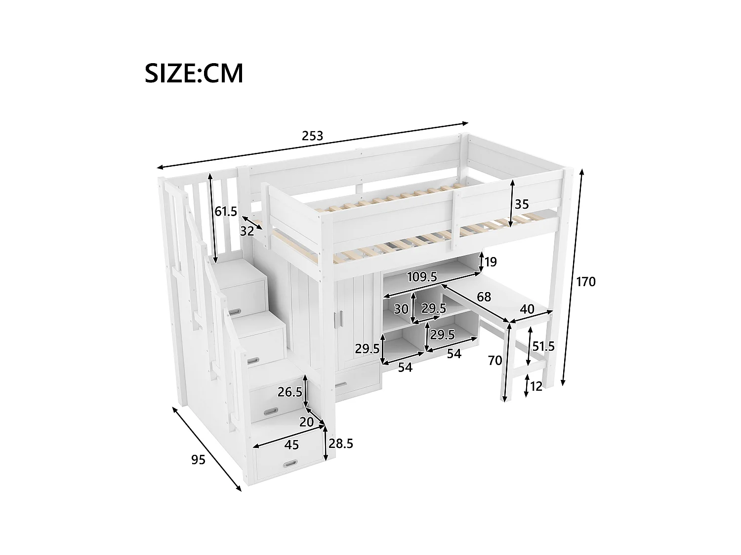 Lit mezzanine 90x200 cm - avec bureau et armoire - avec éclairage LED - avec escalier de rangement - MDF - Blanc