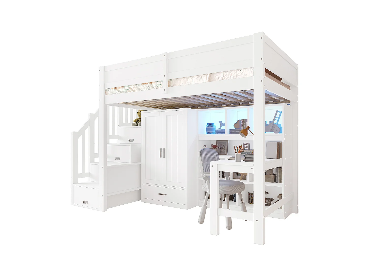 Lit mezzanine 90x200 cm - avec bureau et armoire - avec éclairage LED - avec escalier de rangement - MDF - Blanc