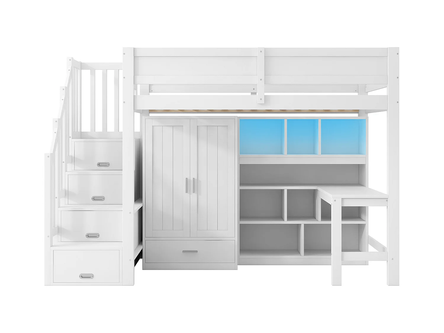 Lit mezzanine 90x200 cm - avec bureau et armoire - avec éclairage LED - avec escalier de rangement - MDF - Blanc