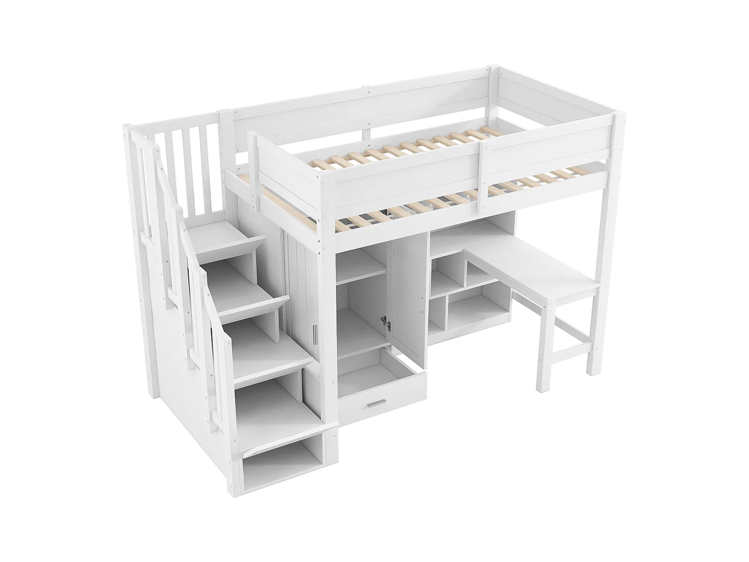 Lit mezzanine 90x200 cm - avec bureau et armoire - avec éclairage LED - avec escalier de rangement - MDF - Blanc