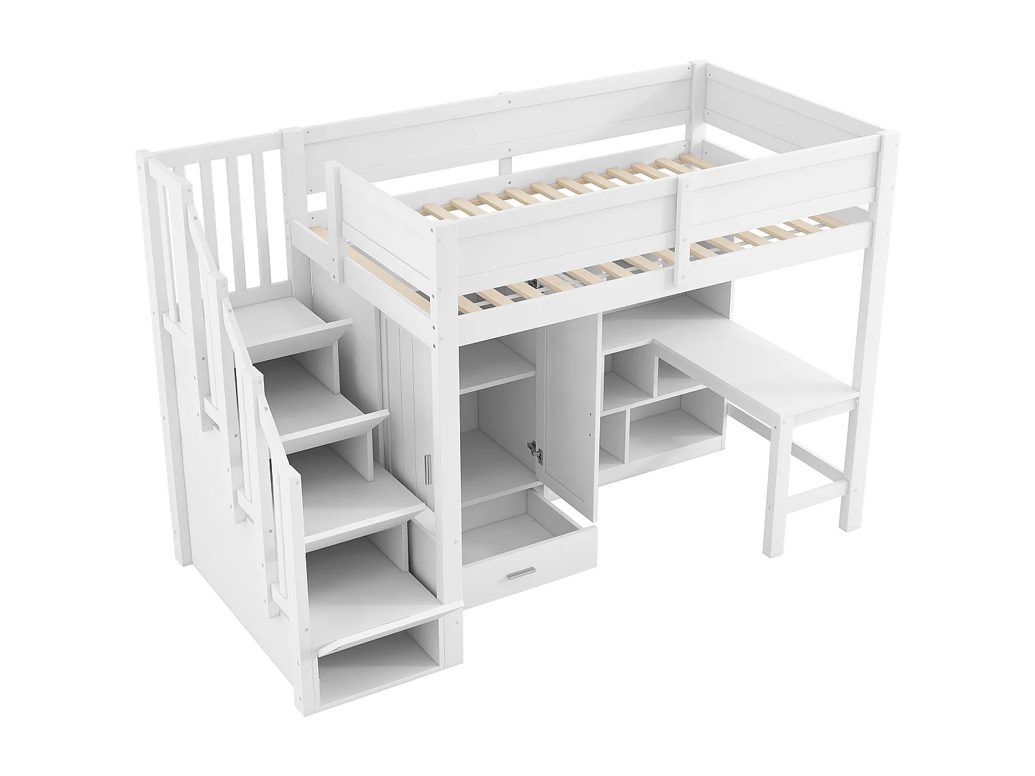 Hoogslaper 90x200 cm - Met bureau en kast - Met LED-verlichting - Met opbergtrap - MDF - Wit