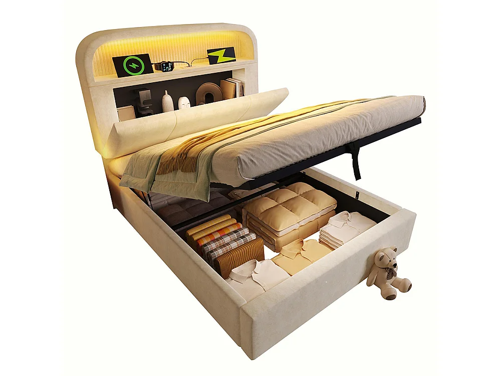 Lit coffre rembourré simple 90x200 cm tête lit réglable hauteur espace rangement hydraulique éclairage LED recharge USB Type-C velours beige