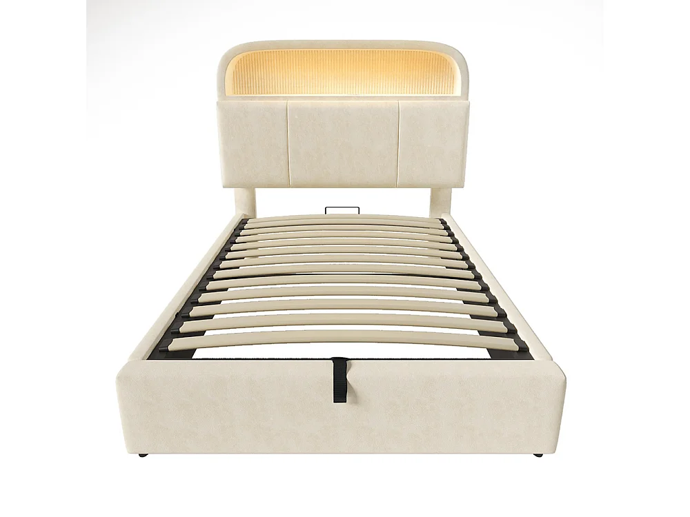 Lit coffre rembourré simple 90x200 cm tête lit réglable hauteur espace rangement hydraulique éclairage LED recharge USB Type-C velours beige