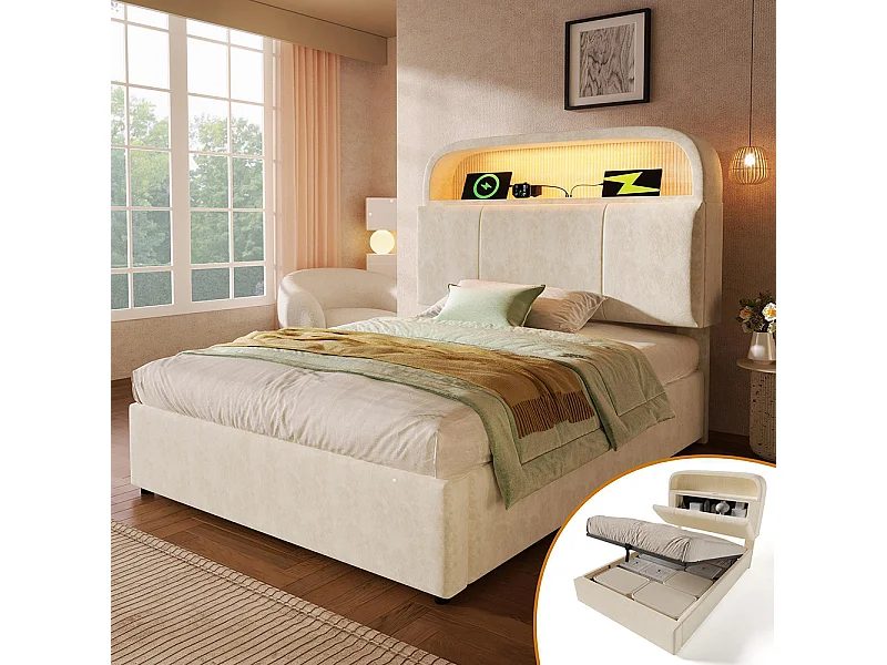 Lit coffre rembourré simple 90x200 cm tête lit réglable hauteur espace rangement hydraulique éclairage LED recharge USB Type-C velours beige