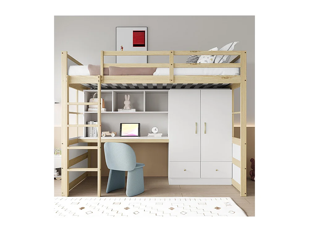 Lit mezzanine 90x200 cm avec échelle bureau rangement armoire tiroirs pour enfant adolescent couleur bois