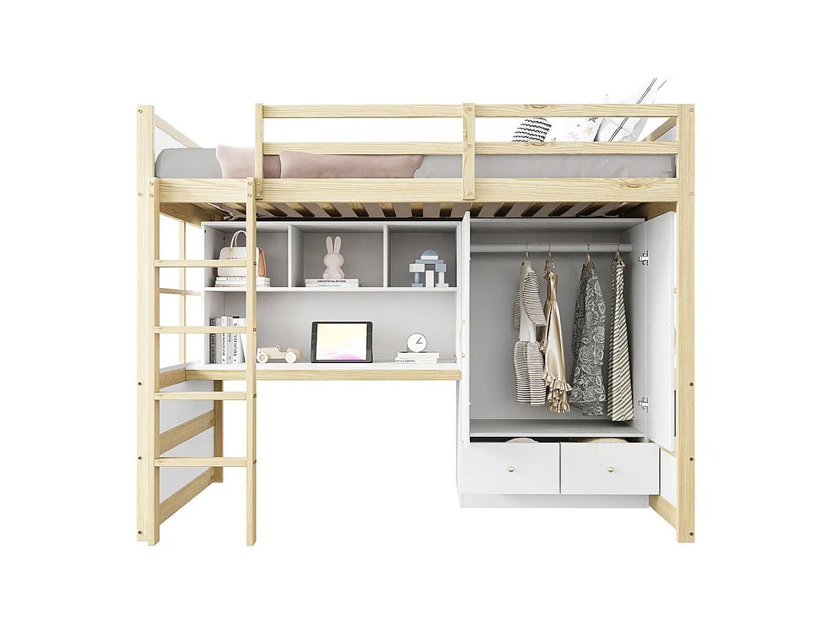 Lit mezzanine 90x200 cm avec échelle bureau rangement armoire tiroirs pour enfant adolescent couleur bois