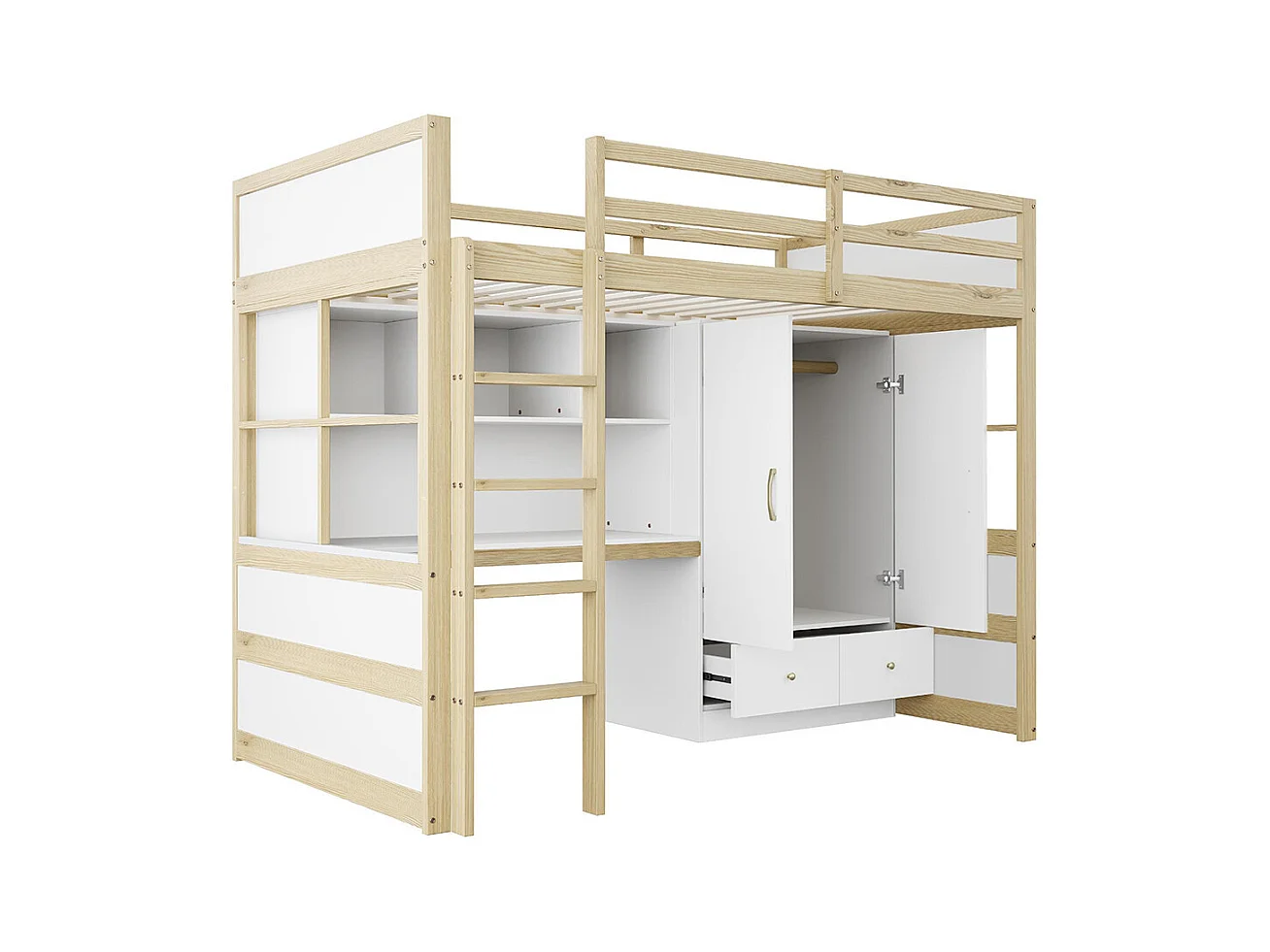 Lit mezzanine 90x200 cm avec échelle bureau rangement armoire tiroirs pour enfant adolescent couleur bois