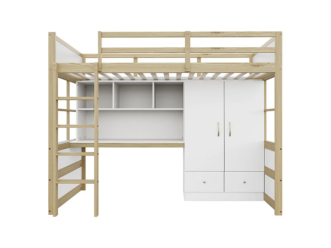 Lit mezzanine 90x200 cm avec échelle bureau rangement armoire tiroirs pour enfant adolescent couleur bois