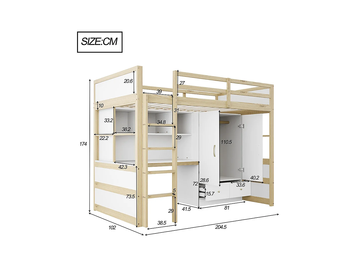 Lit mezzanine 90x200 cm avec échelle bureau rangement armoire tiroirs pour enfant adolescent couleur bois
