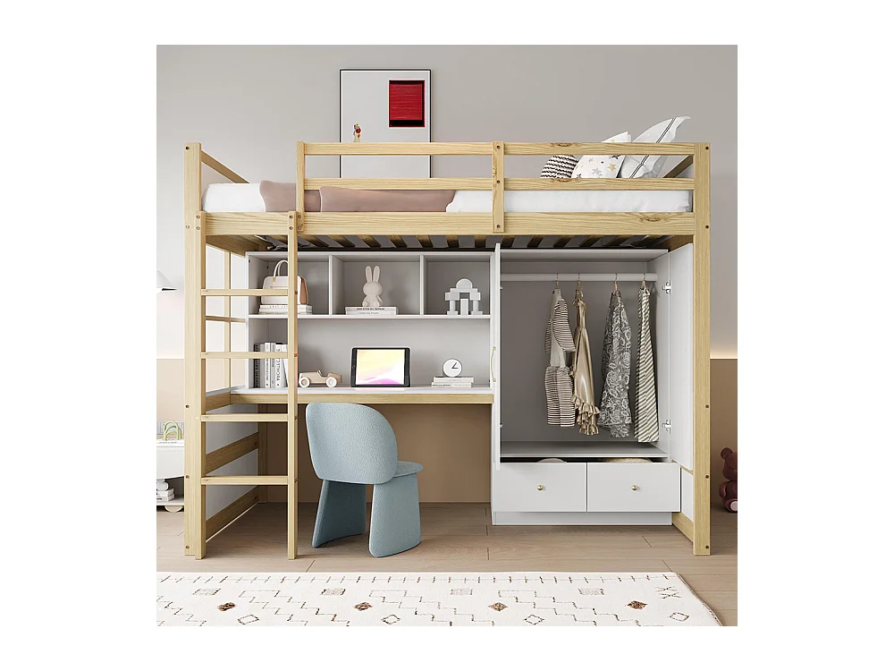 Lit mezzanine 90x200 cm avec échelle bureau rangement armoire tiroirs pour enfant adolescent couleur bois