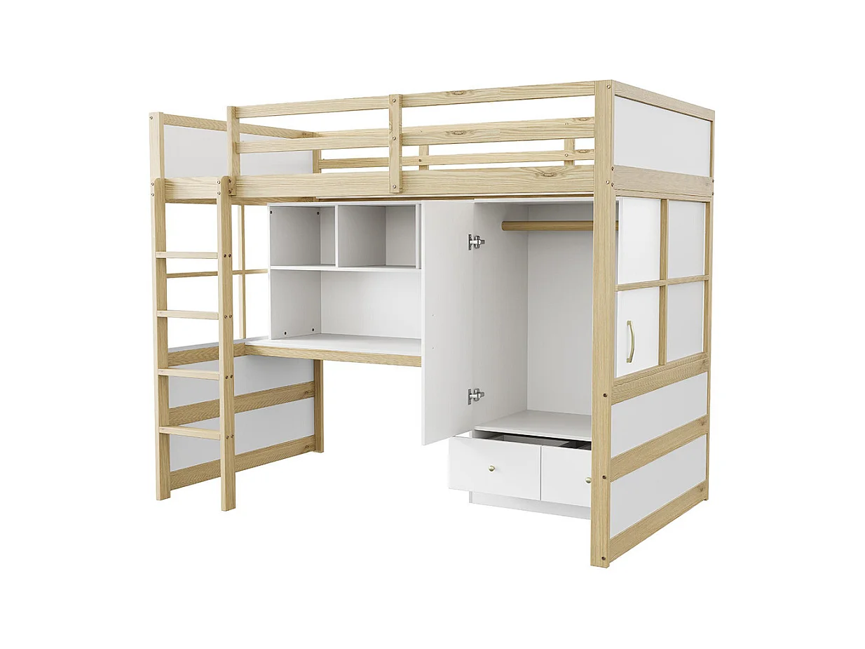 Lit mezzanine 90x200 cm avec échelle bureau rangement armoire tiroirs pour enfant adolescent couleur bois
