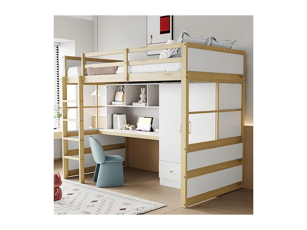 Lit mezzanine 90x200 cm avec échelle bureau rangement armoire tiroirs pour enfant adolescent couleur bois