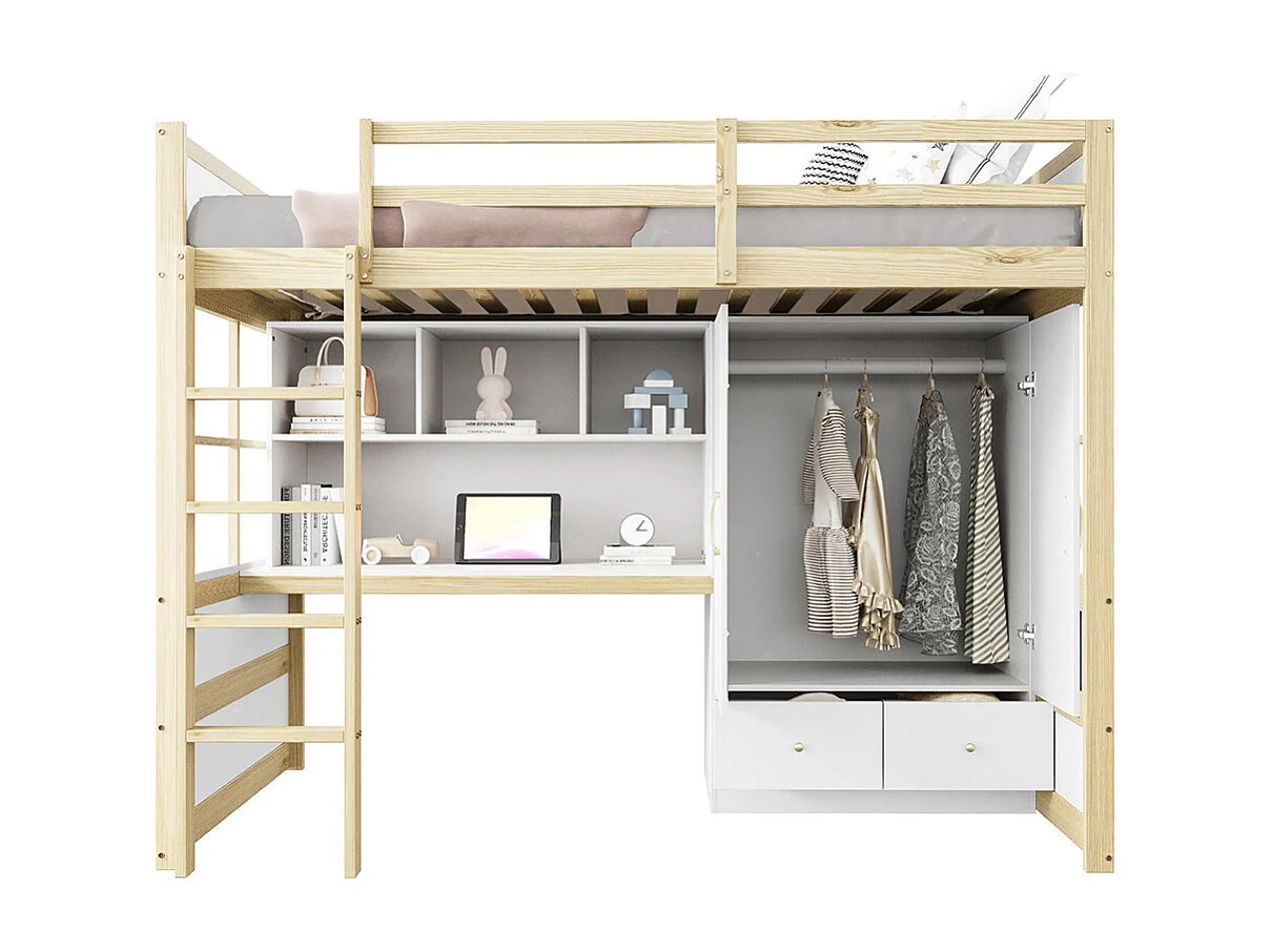 Lit mezzanine 90x200 cm avec échelle bureau rangement armoire tiroirs pour enfant adolescent couleur bois