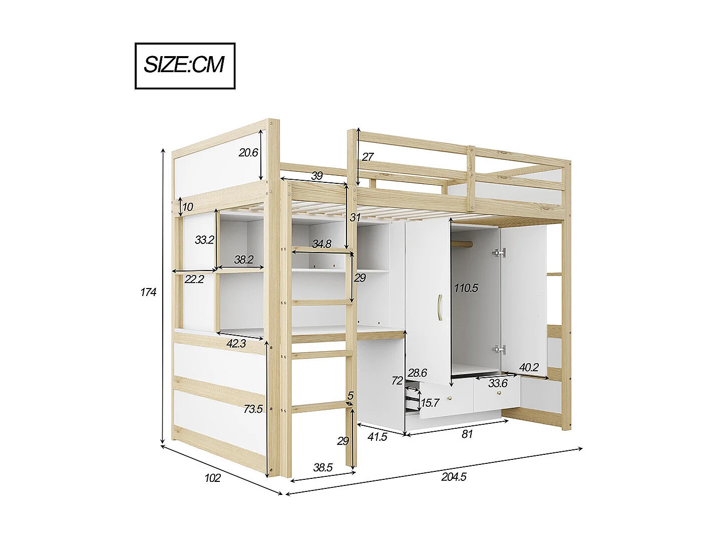 Lit mezzanine 90x200 cm avec échelle bureau rangement armoire tiroirs pour enfant adolescent couleur bois