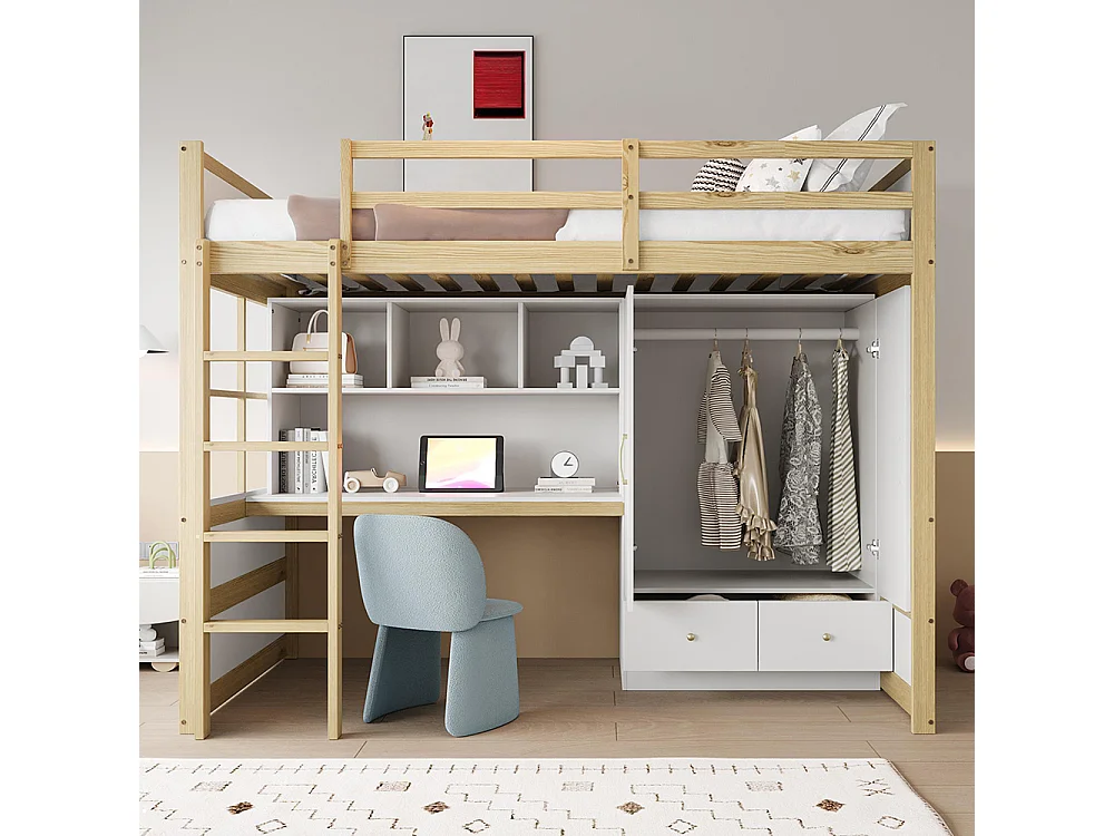 Lit mezzanine 90x200 cm avec échelle bureau rangement armoire tiroirs pour enfant adolescent couleur bois