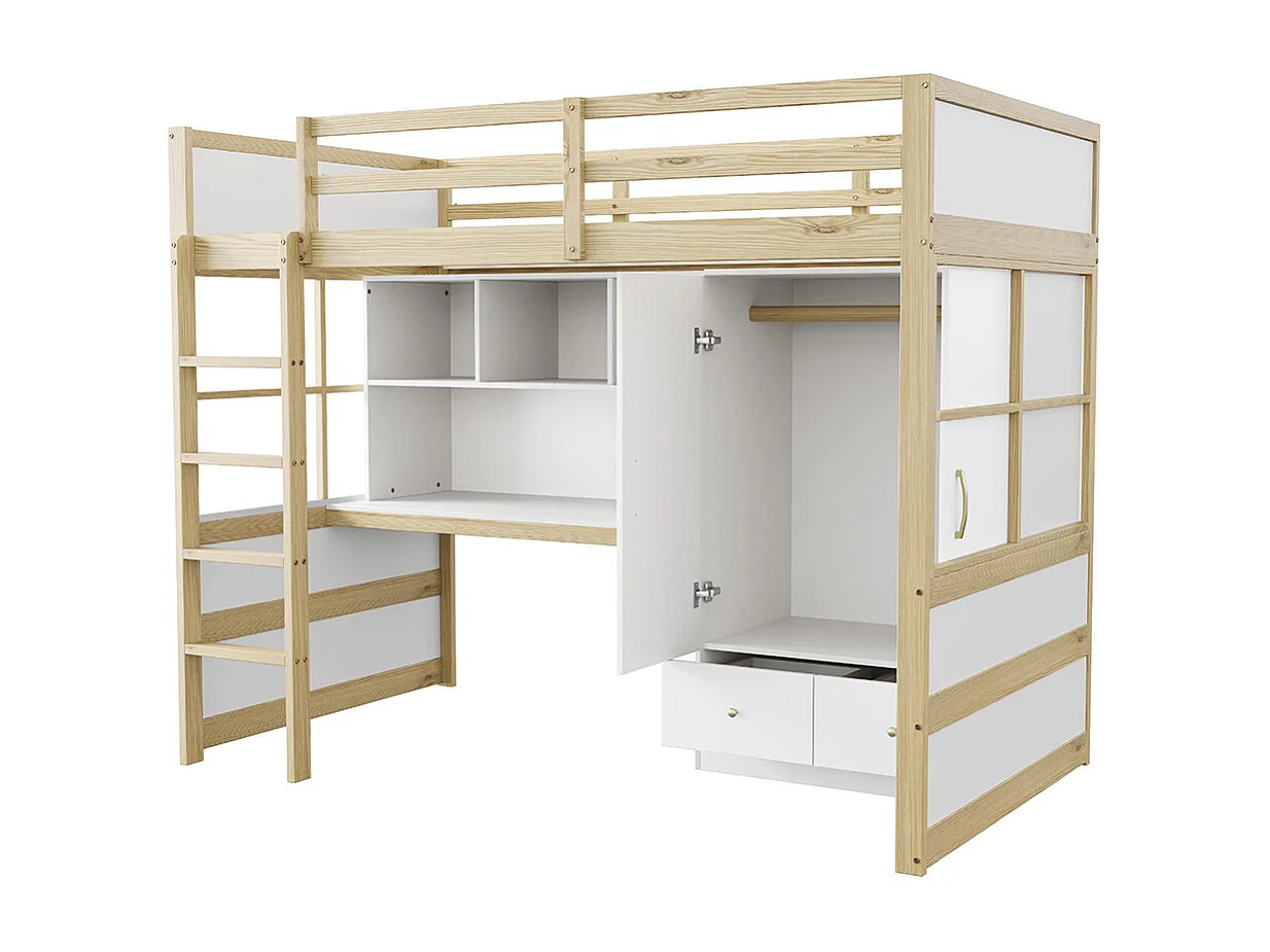 Lit mezzanine 90x200 cm avec échelle bureau rangement armoire tiroirs pour enfant adolescent couleur bois