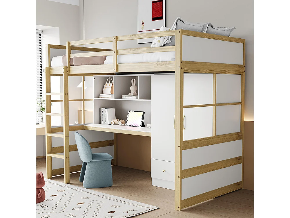 Lit mezzanine 90x200 cm avec échelle bureau rangement armoire tiroirs pour enfant adolescent couleur bois