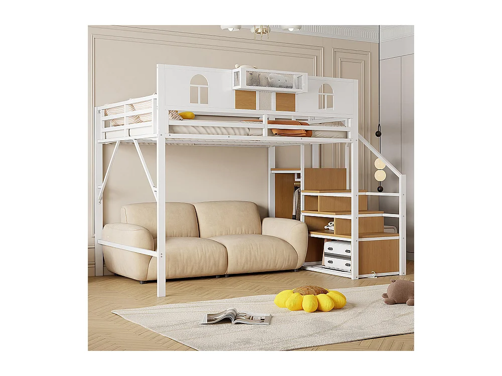 Lit mezzanine en métal 140x200 cm avec échelle rangement fenêtre panneaux bois tissu maillé barrière surélevée espace rangement cadre stable blanc