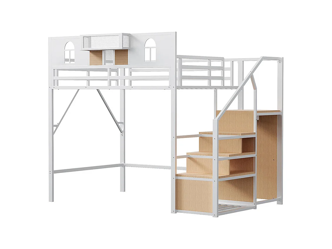 Lit mezzanine en métal 140x200 cm avec échelle rangement fenêtre panneaux bois tissu maillé barrière surélevée espace rangement cadre stable blanc
