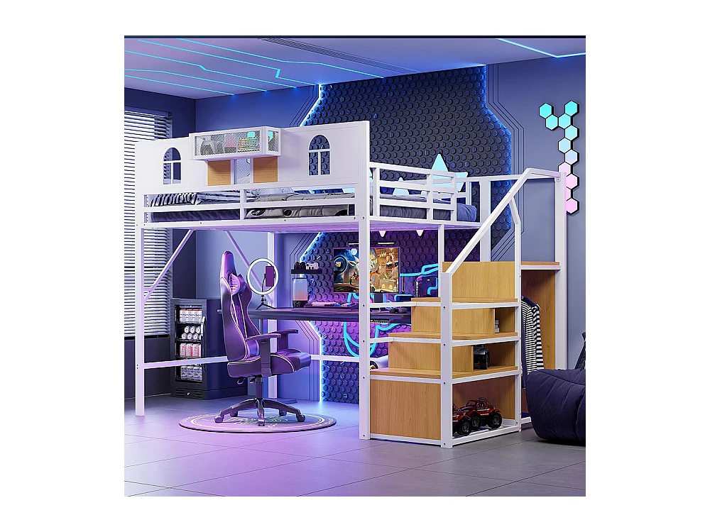 Lit mezzanine en métal 140x200 cm avec échelle rangement fenêtre panneaux bois tissu maillé barrière surélevée espace rangement cadre stable blanc