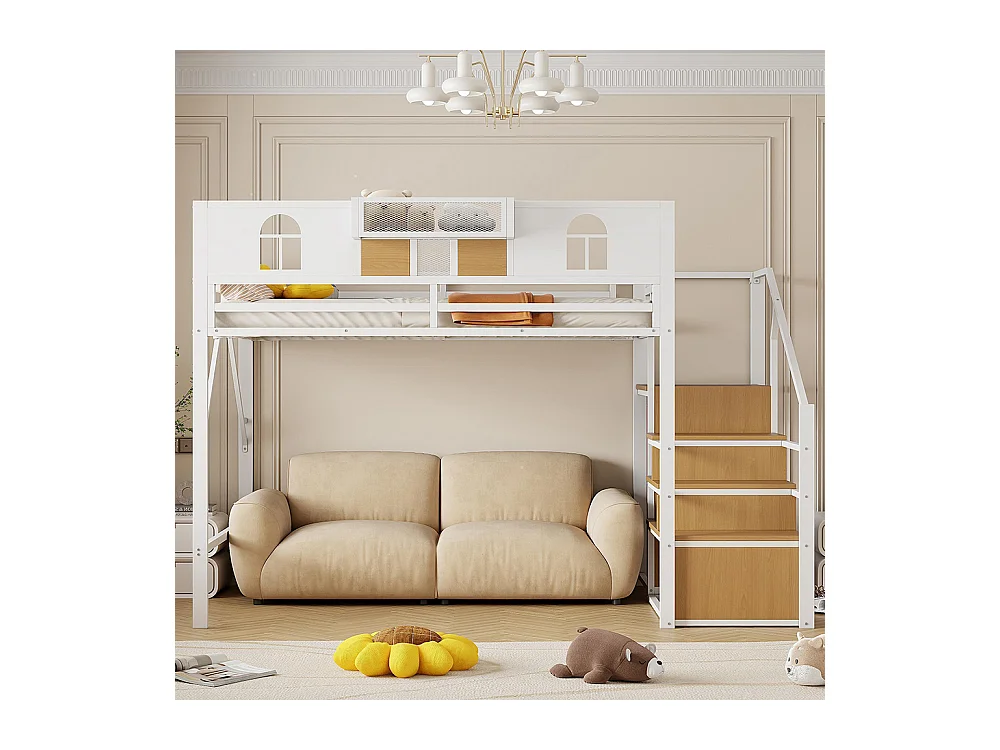 Lit mezzanine en métal 140x200 cm avec échelle rangement fenêtre panneaux bois tissu maillé barrière surélevée espace rangement cadre stable blanc