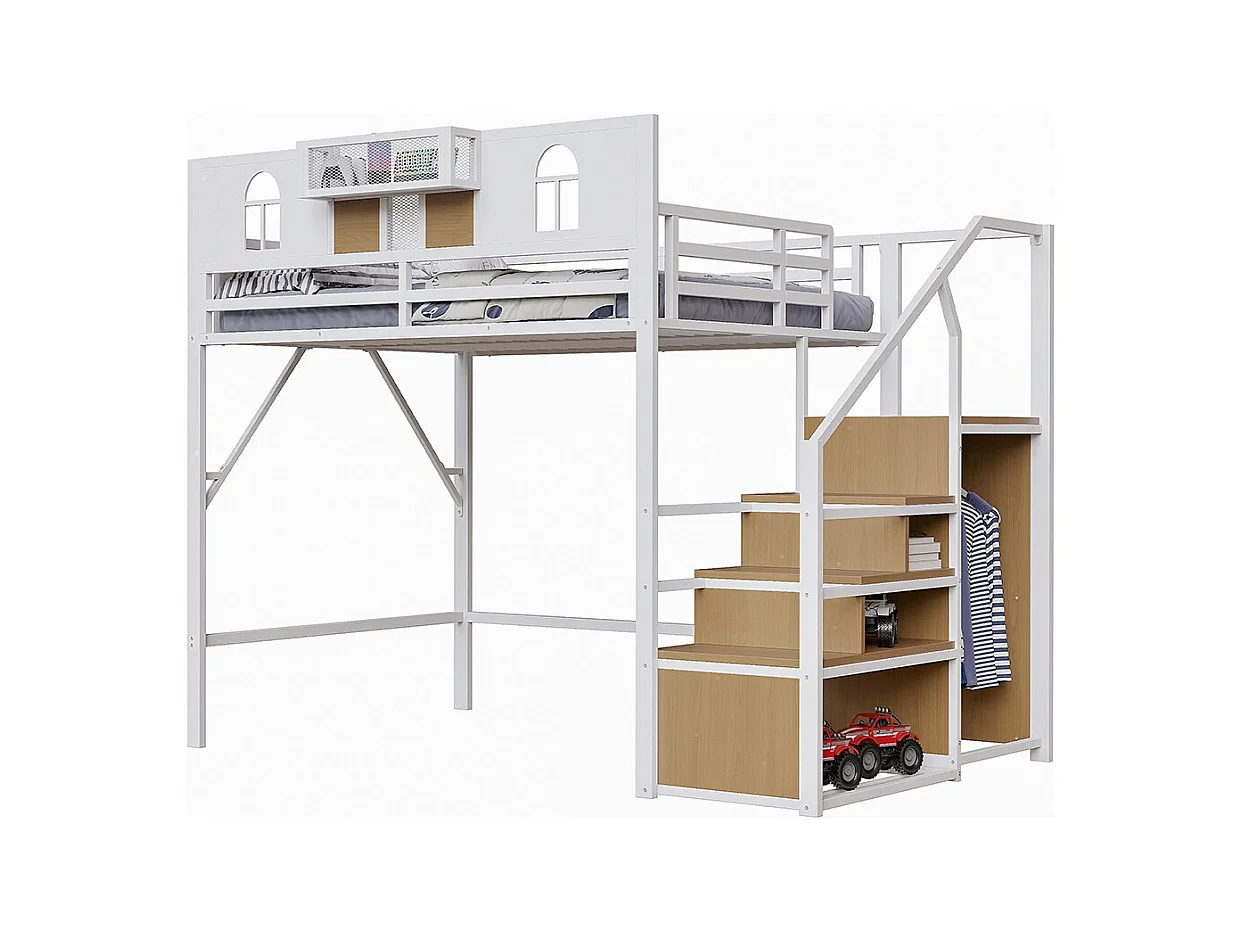 Lit mezzanine en métal 140x200 cm avec échelle rangement fenêtre panneaux bois tissu maillé barrière surélevée espace rangement cadre stable blanc
