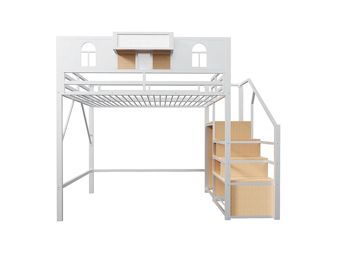 Lit mezzanine en métal 140x200 cm avec échelle rangement fenêtre panneaux bois tissu maillé barrière surélevée espace rangement cadre stable blanc