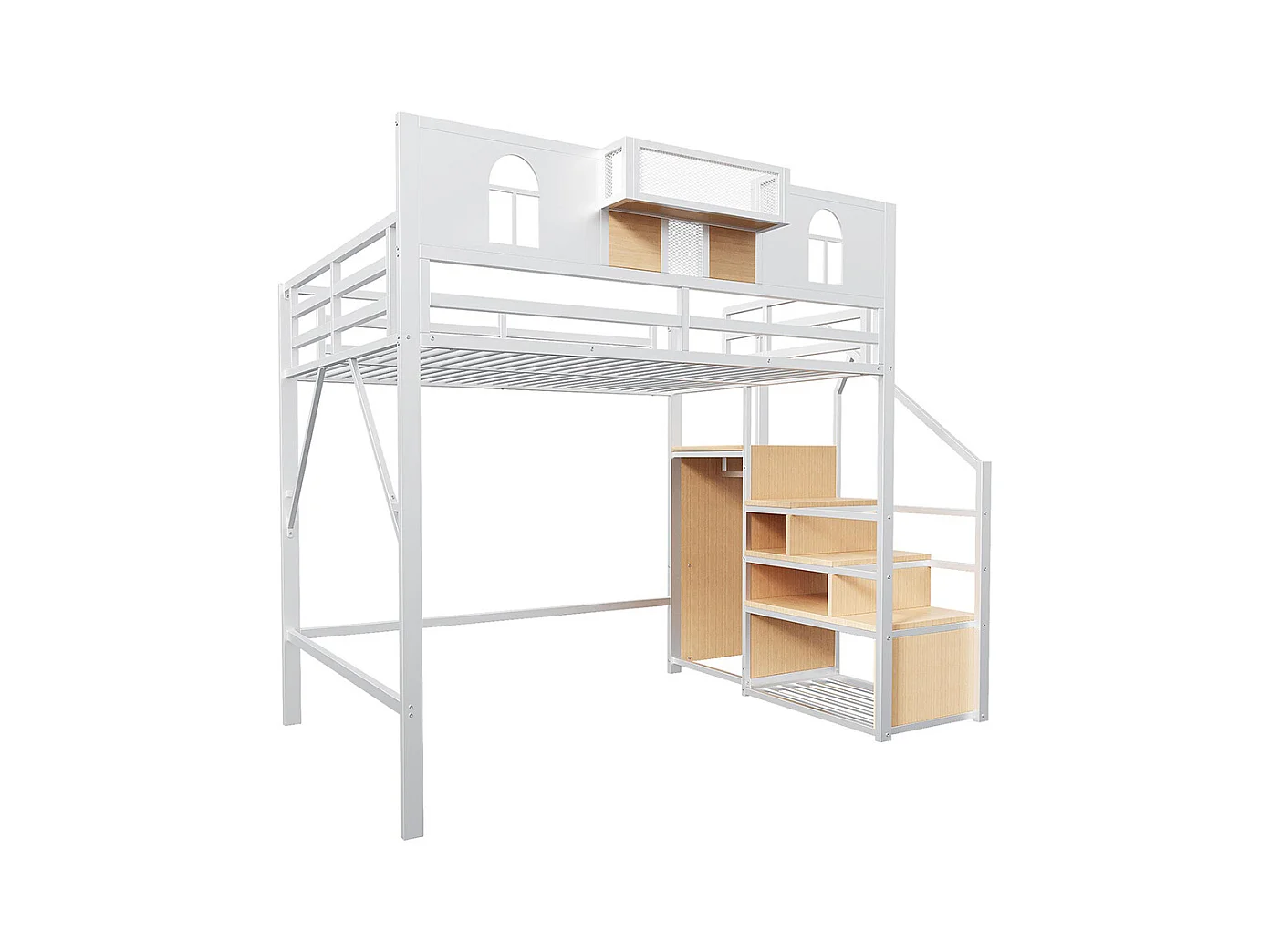 Lit mezzanine en métal 140x200 cm avec échelle rangement fenêtre panneaux bois tissu maillé barrière surélevée espace rangement cadre stable blanc