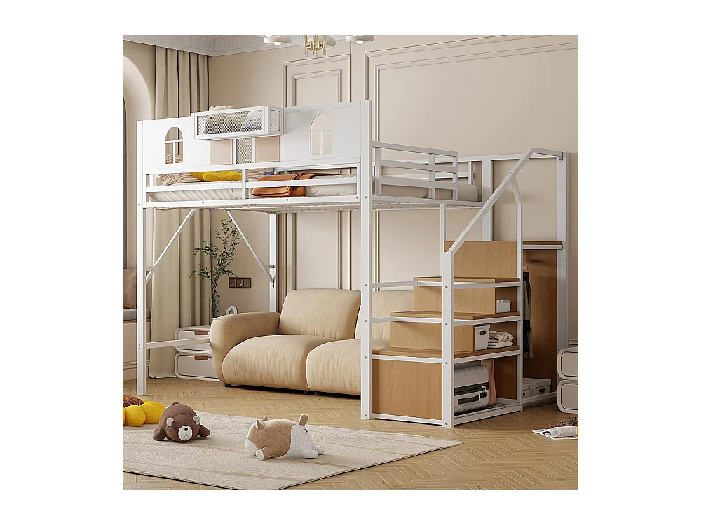 Lit mezzanine en métal 140x200 cm avec échelle rangement fenêtre panneaux bois tissu maillé barrière surélevée espace rangement cadre stable blanc