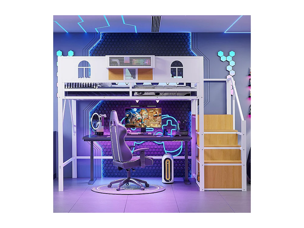 Lit mezzanine en métal 140x200 cm avec échelle rangement fenêtre panneaux bois tissu maillé barrière surélevée espace rangement cadre stable blanc