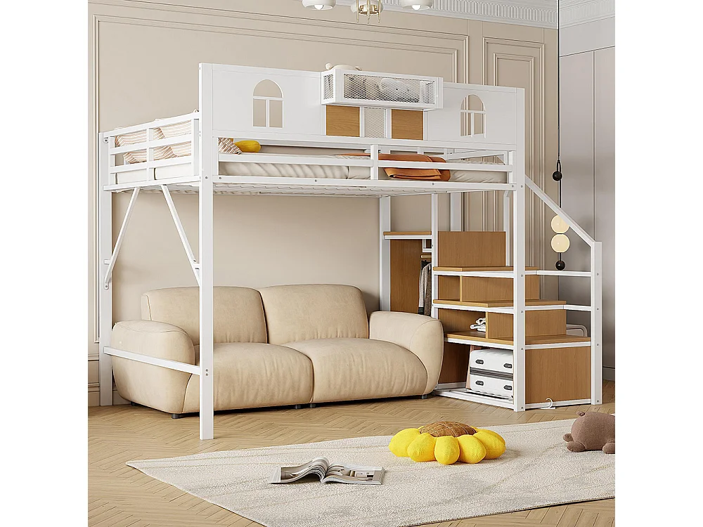 Lit mezzanine en métal 140x200 cm avec échelle rangement fenêtre panneaux bois tissu maillé barrière surélevée espace rangement cadre stable blanc