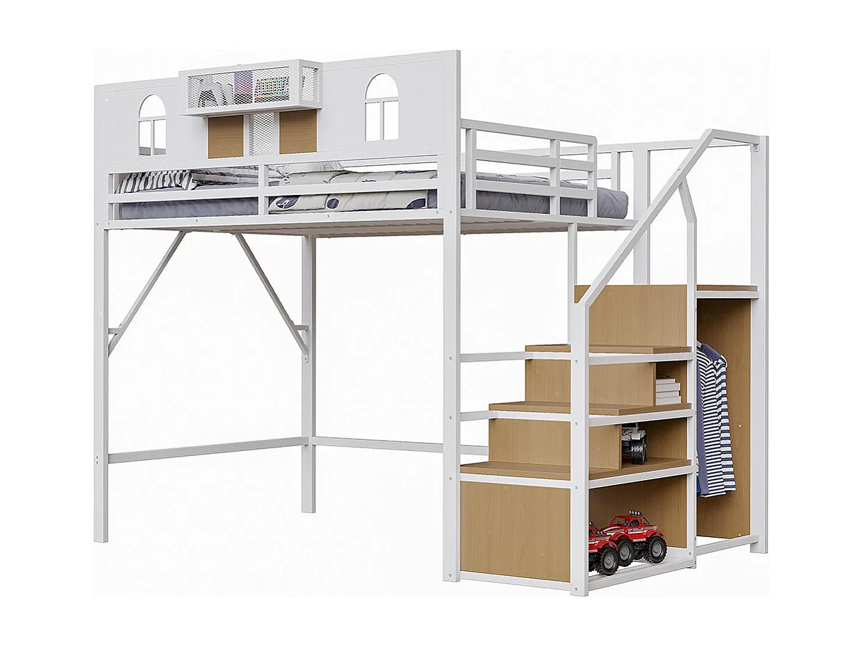 Lit mezzanine en métal 140x200 cm avec échelle rangement fenêtre panneaux bois tissu maillé barrière surélevée espace rangement cadre stable blanc