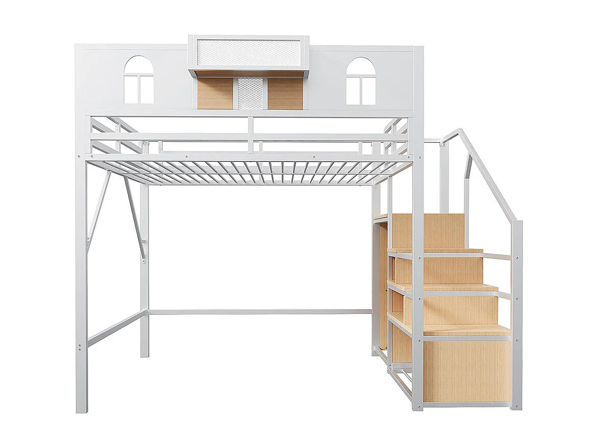 Lit mezzanine en métal 140x200 cm avec échelle rangement fenêtre panneaux bois tissu maillé barrière surélevée espace rangement cadre stable blanc