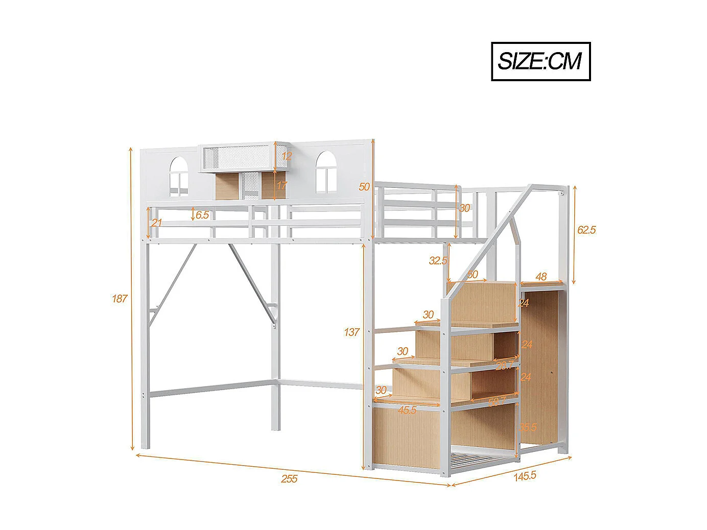 Lit mezzanine en métal 140x200 cm avec échelle rangement fenêtre panneaux bois tissu maillé barrière surélevée espace rangement cadre stable blanc
