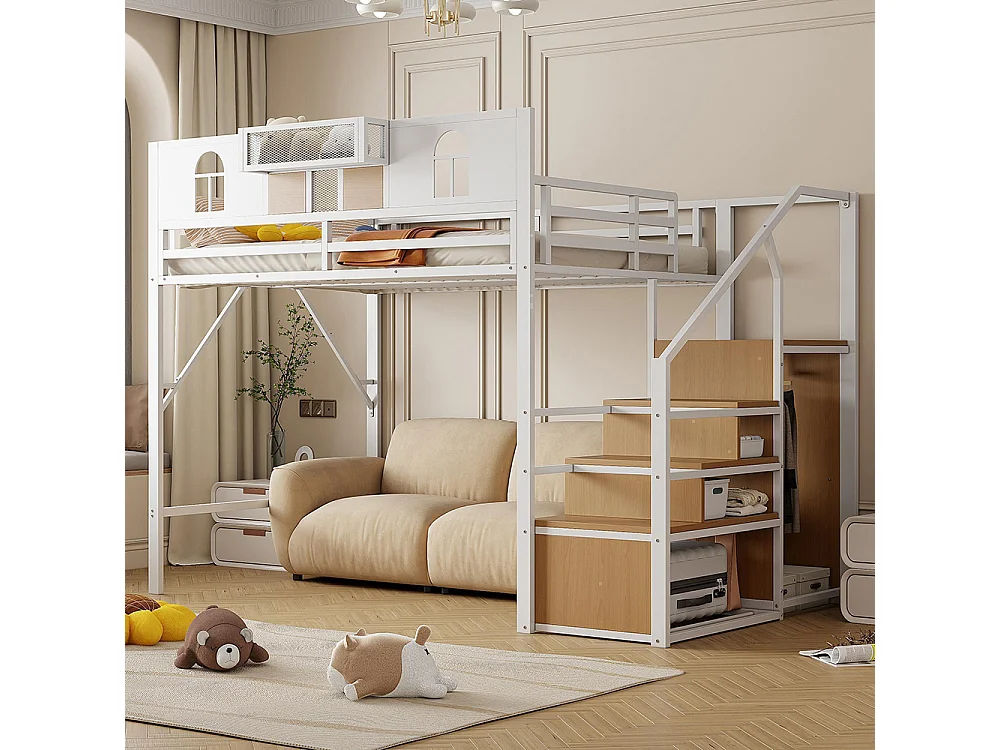 Lit mezzanine en métal 140x200 cm avec échelle rangement fenêtre panneaux bois tissu maillé barrière surélevée espace rangement cadre stable blanc