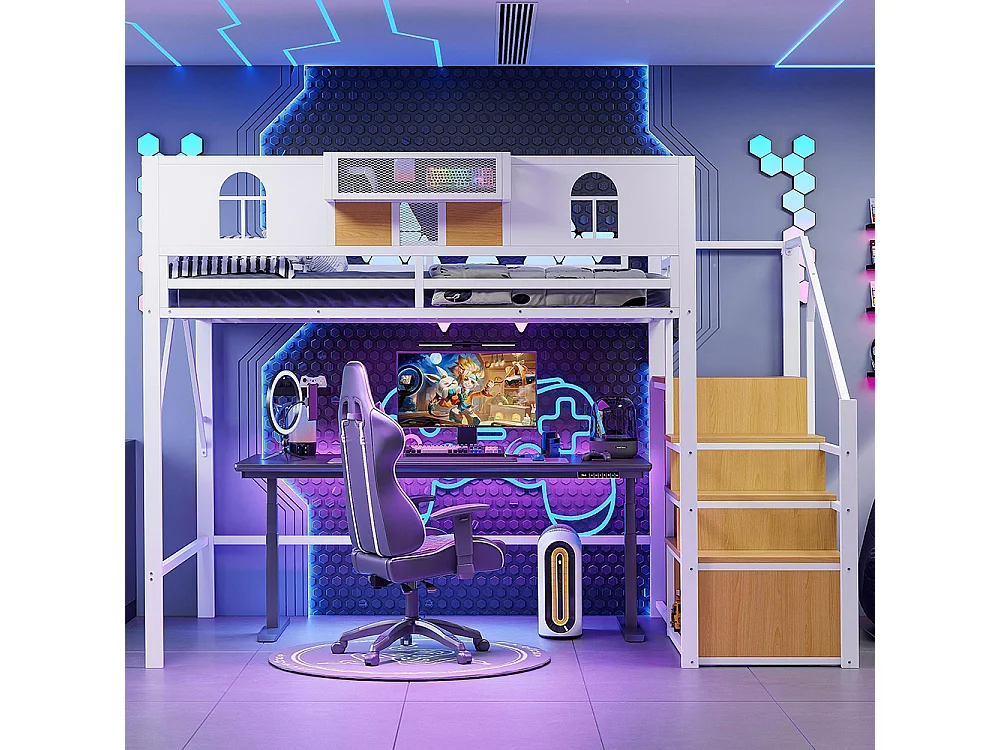 Lit mezzanine en métal 140x200 cm avec échelle rangement fenêtre panneaux bois tissu maillé barrière surélevée espace rangement cadre stable blanc