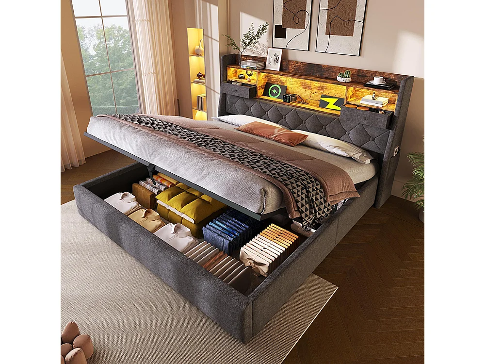 Lit coffre rembourré 180x200 cm espace rangement hydraulique tête lit LED 4 stations recharge USB Type-C double sommier lattes tissu lin gris