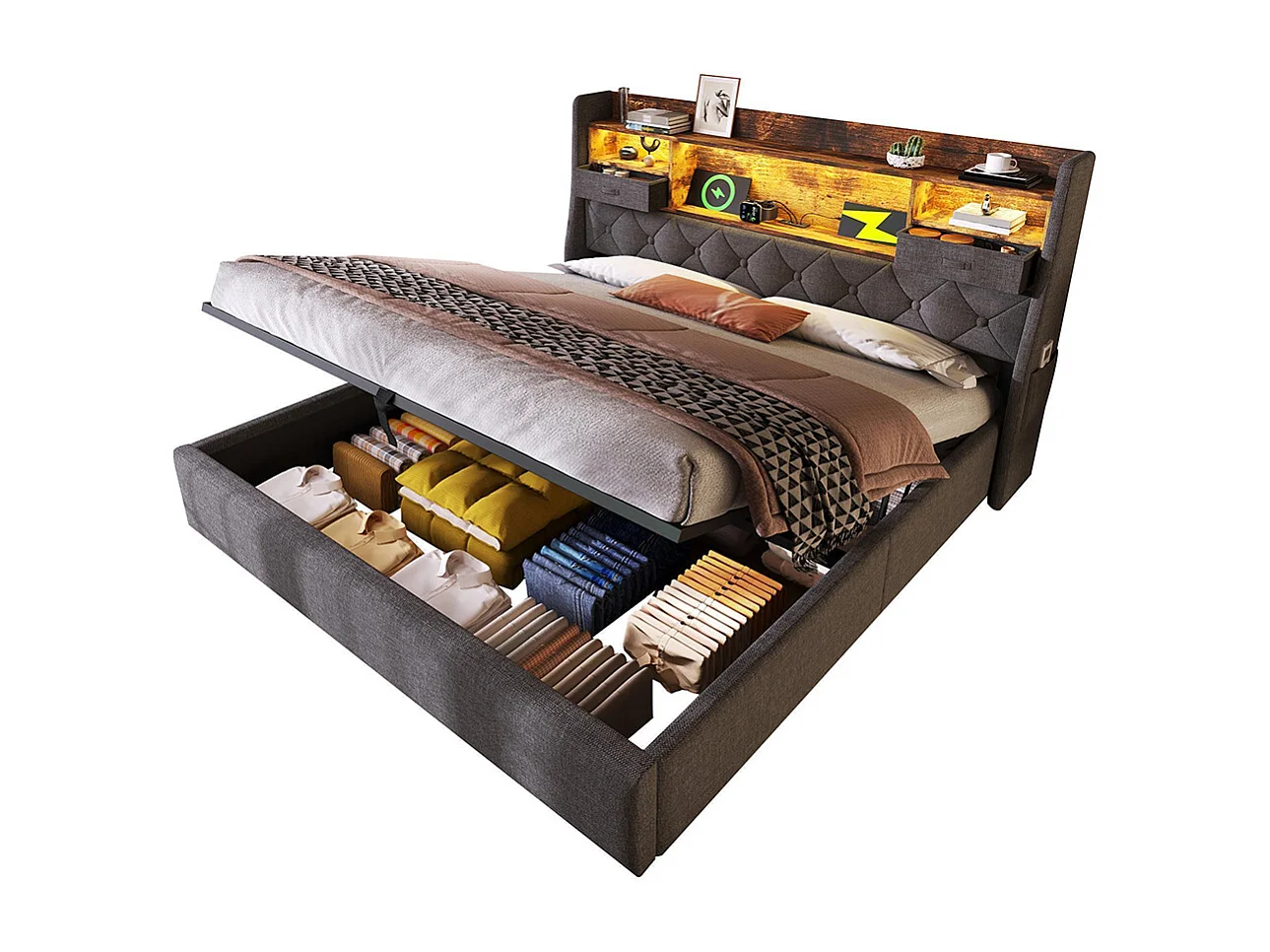 Lit coffre rembourré 180x200 cm espace rangement hydraulique tête lit LED 4 stations recharge USB Type-C double sommier lattes tissu lin gris