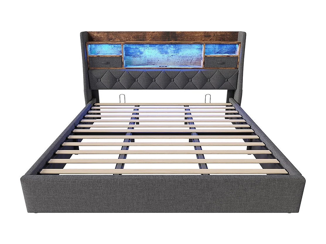 Lit coffre rembourré 180x200 cm espace rangement hydraulique tête lit LED 4 stations recharge USB Type-C double sommier lattes tissu lin gris