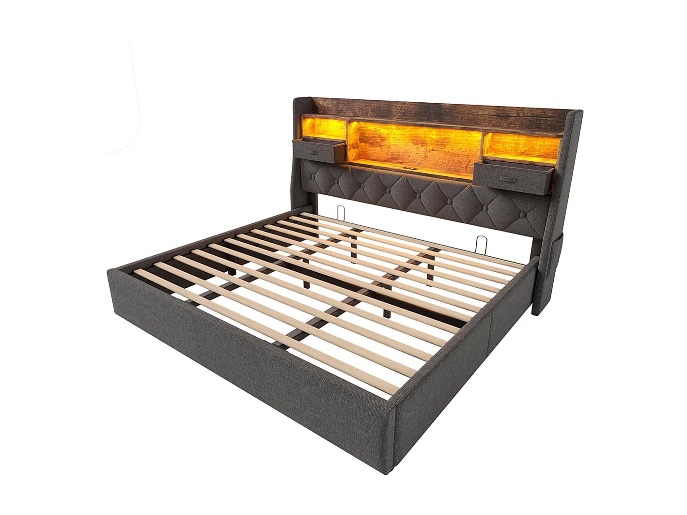 Lit coffre rembourré 180x200 cm espace rangement hydraulique tête lit LED 4 stations recharge USB Type-C double sommier lattes tissu lin gris